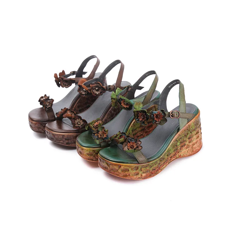 

2020 new sandals women's Handmade genuine leather flower national style women's single shoes summer high heels