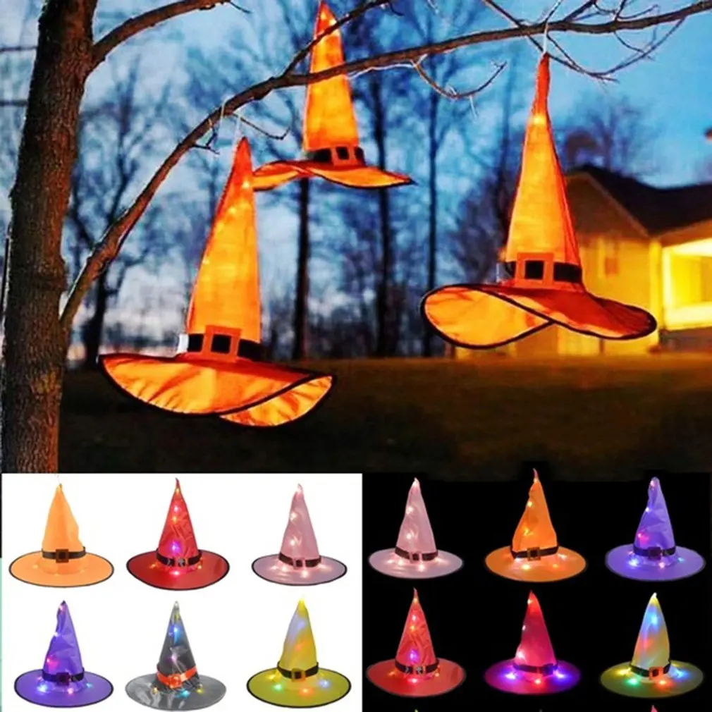 

1pcs Halloween Witch Hat with LED Light Glowing Witches Hat Hanging Halloween Decor Suspension Tree Glowing Hat for Kids