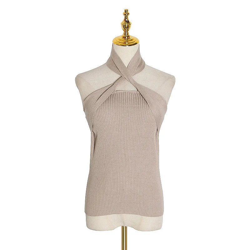 

Solid color neck-hanging knit vest t-shirt women's new sexy backless sleeveless slim Joker top