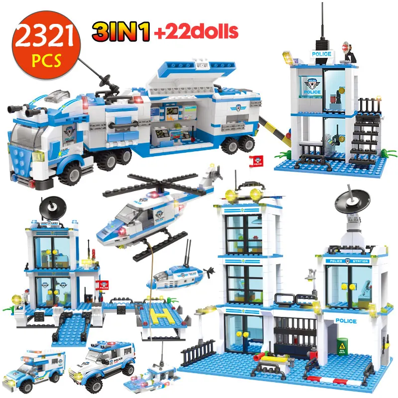 

2321 Psc 3in1 City Police Station Car Headquarters Building Blocks Helicopter Vehicle Figures Bricks Toys For Boys Gifts