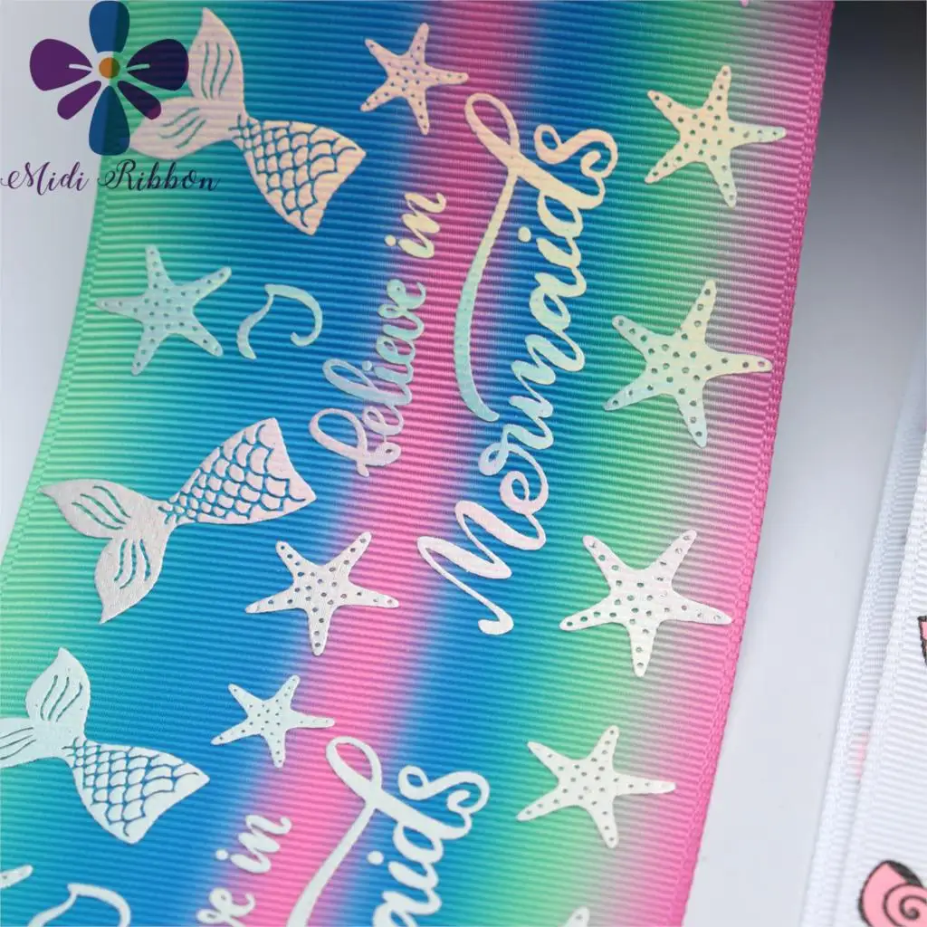 

3"75mm Black Pink Ink Print Starfish Hologram Silver Foil Mermaid Tail Glitter Seahorse Gradient Color Grosgrain Ribbon 50yards