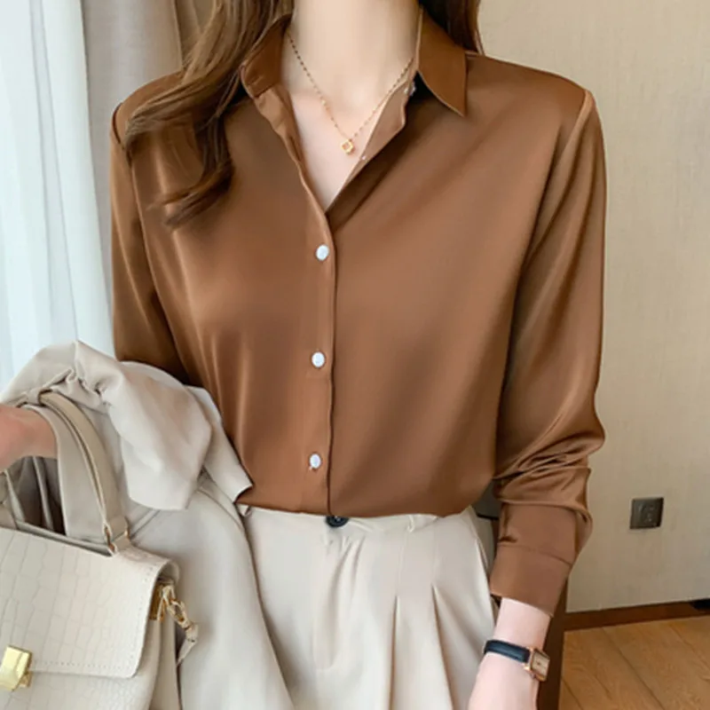 

2021 Fall Fashion Satin Women's Shirt Blouse Long Sleeve Basic OL Woman Shirts Soild Buttons Elegant Ladies Tops Women Clothing