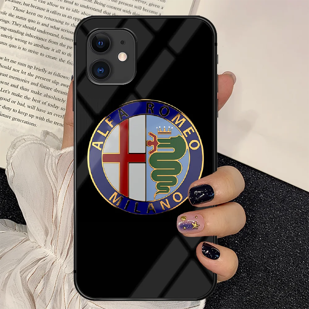 

Car Alfa Romeo Logo Phone Tempered Glass Case Cover For IPhone 6 6S 7 8 11 12 X Xr Xs Se 2020 Pro Max Plus Mini Etui Coque