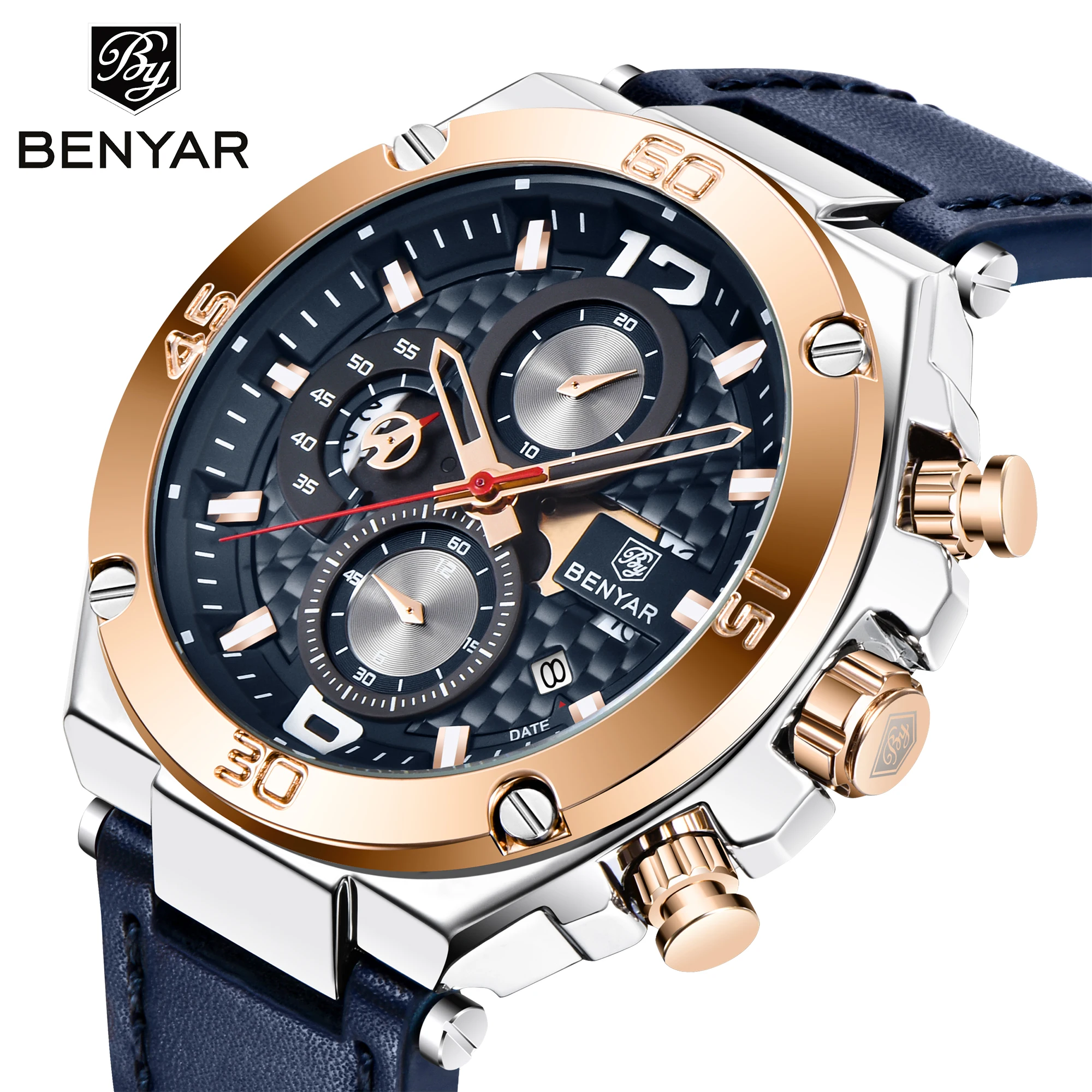 

BENYAR New Fashion Blue Golden Men Quartz Watch Waterproof Genuine Leather Man Wrist Watch Luminous Chronograph Sport Date Clock