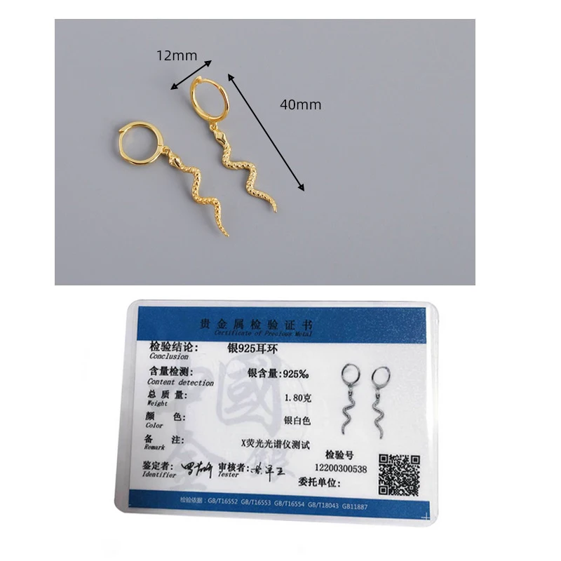 Змея длинные Позолоченные каплевидные серьги с квадратными 925 серебро для женщин