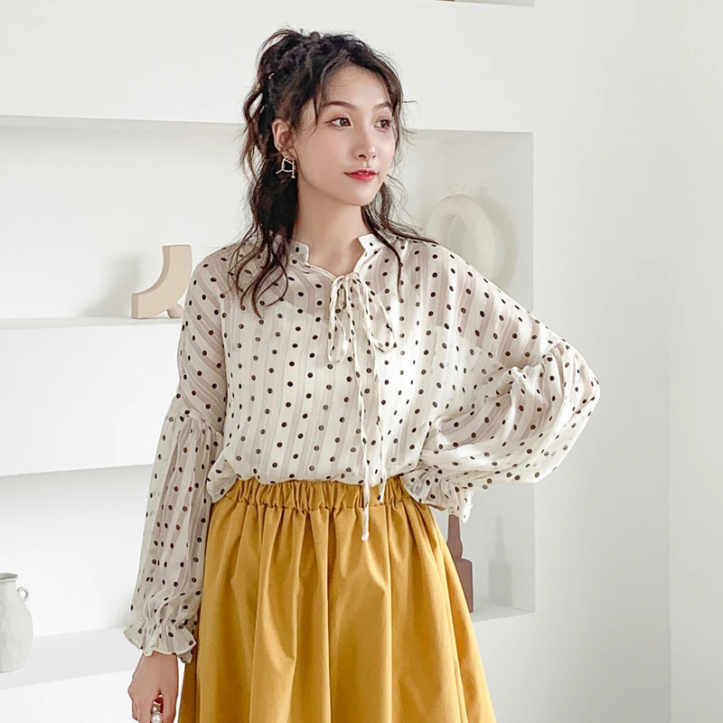 Осенние корейские модные шифоновые женские блузки в горошек Женские топы и