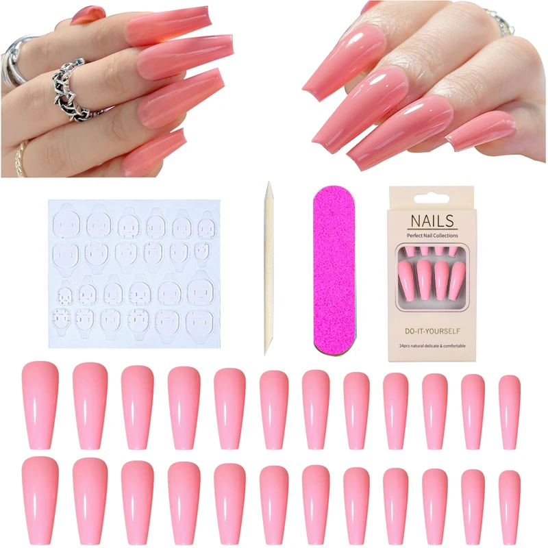 

24Pcs/Set Pink Gradient Pattern Design False Nail French Coffin Ballet Fake Nails Glue DIY Manicure Nail Art Tools