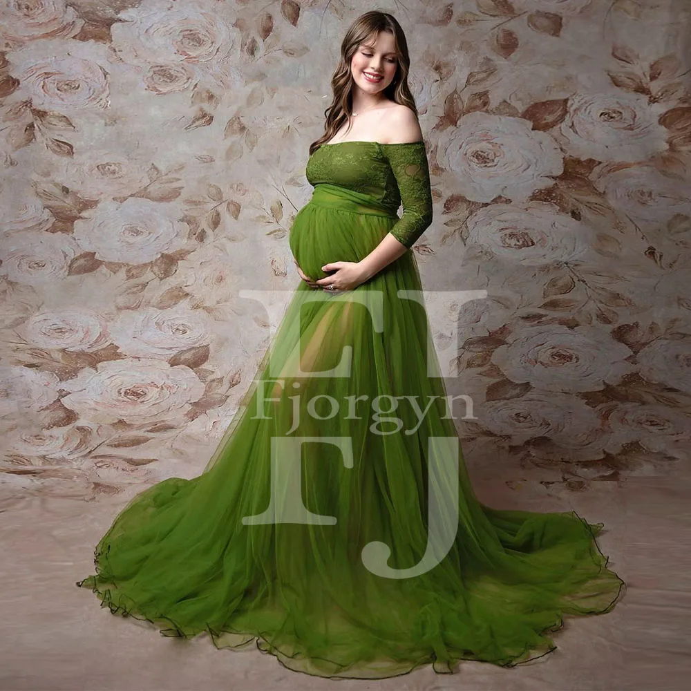 

Delicate Lace and Tulle Moss Color Bridal Robes 2021 Off Shoulder A-Line Sheer Ruffles Evening Party Gowns Maternity Dress