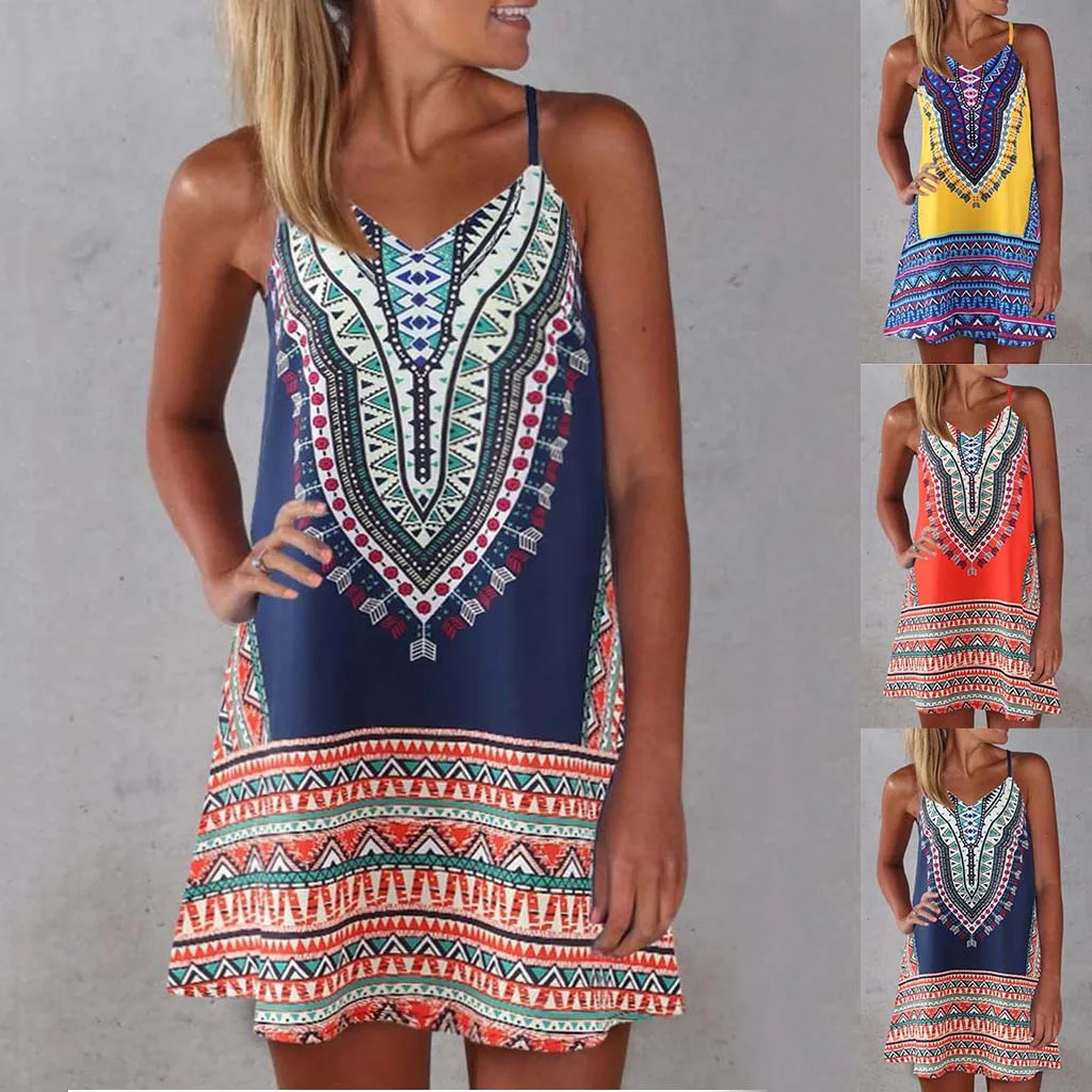 

Women Boho Beach Dress Plus Size 5XL 2020 Sleeveless Floral V Neck Strappy Summer Dresses Casual Loose Sundress Short Dress A50