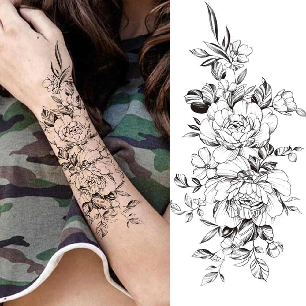 

3D Peony Temporary Tattoos For Women Girls Black Moon Fake Butterfly Rose Tattoo Sticker Unique Forearm Waterproof Tatoos Paste