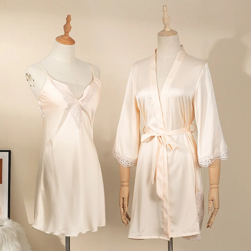 

Sexy Sleepwear Women Summer New Satin Nightwear 2PCS Nighty&Robe Set Silky Kimono Bathrobe Gown Lace Intimate Lingerie
