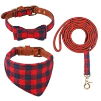 bow tie dog collar and leash set classic plaid adjustable dogs bandana and leather collars for puppy cats 3 pcs