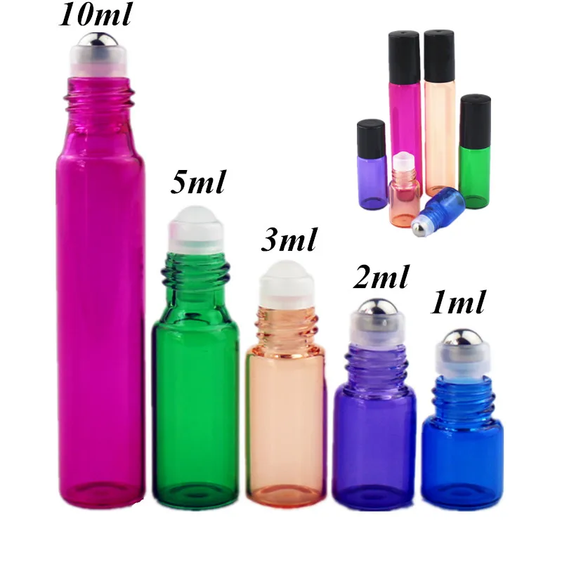 50pcs/lot 1ml 2ml 3ml 5ml 10ml Colorful Perfume Roll on Bottle with Glass/Metal Ball Roller Doterra Essential Oil Vials Thin