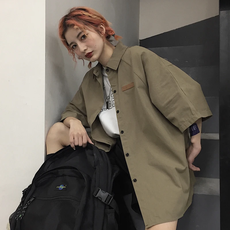 Рубашка с коротким рукавом в стиле Харадзюку топ отложным воротником и