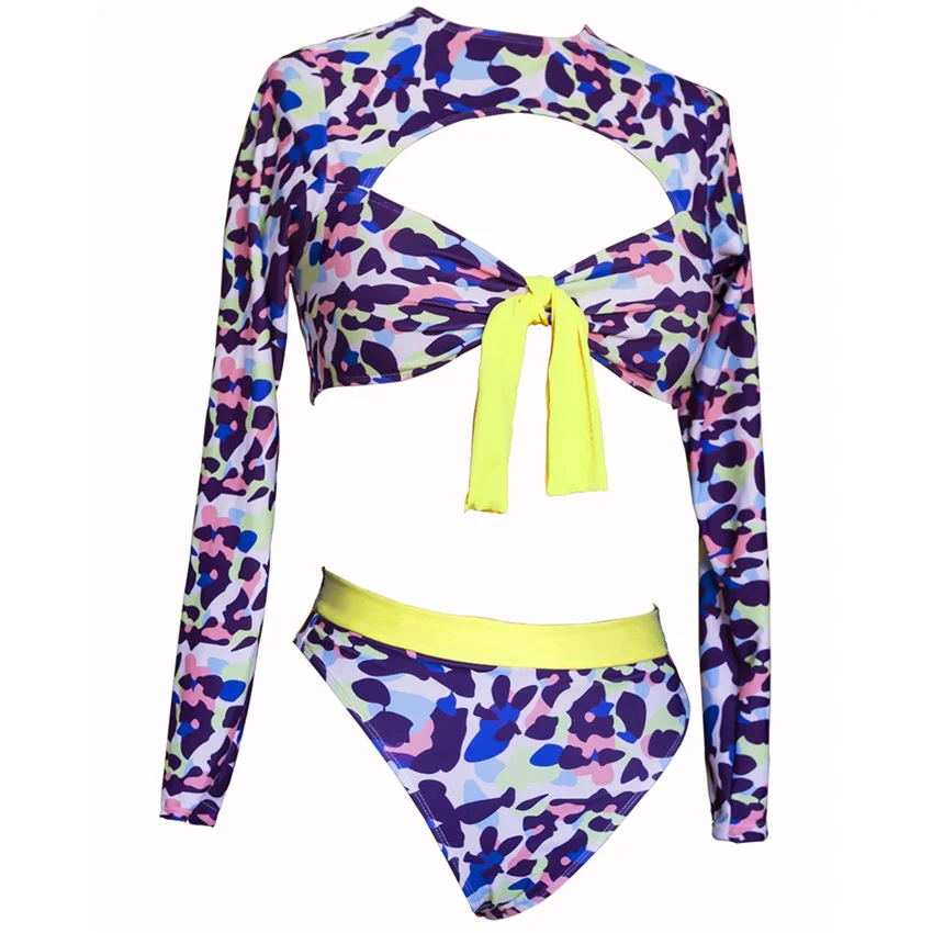 Long Sleeve Tanga Bikini Set Front Tie swimsuit High Waist Swimwear Female Biquini Two Piece Monokini Thong Swim Suit