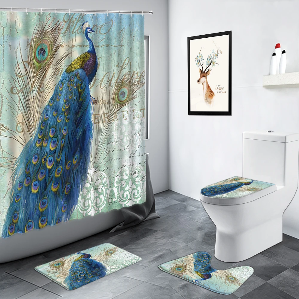 chinese style flowers peacocks shower curtain birds green bamboo plant scenery bathroom non slip rug bath toilet mats decor sets free global shipping