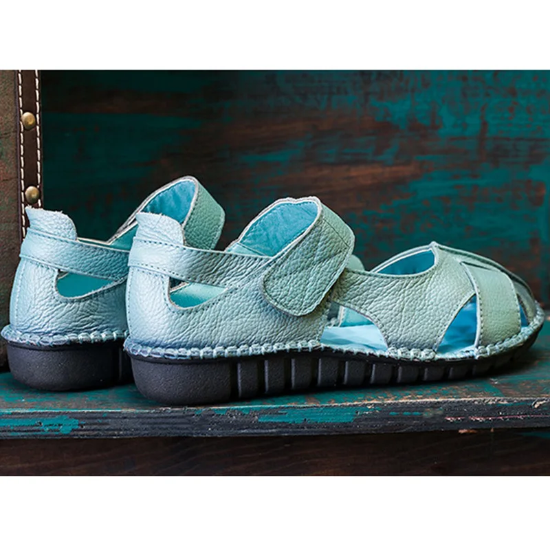 BeckyWalk/женские босоножки из коровьей кожи; Летняя обувь; удобные женские босоножки на плоской подошве с закрытым носком для мам; Sandalias Mujer; WSH2992 - Цвет: Синий