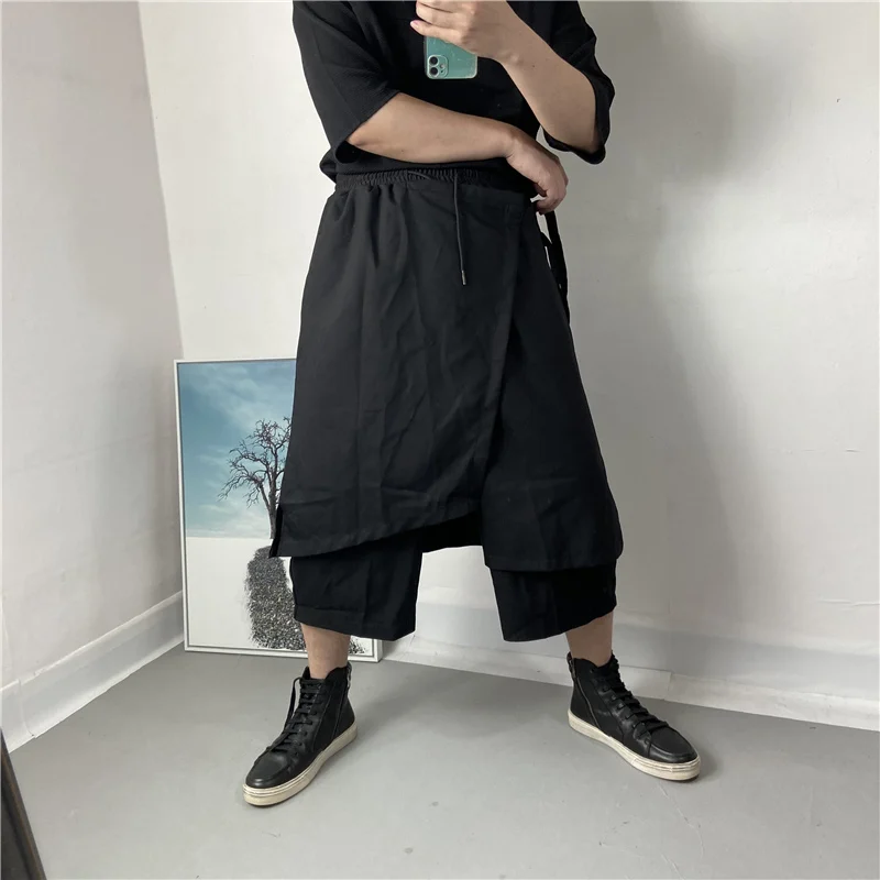 Men Harun Pants Spring And Autumn New Pure Color Personality False Two Design Pants Skirt Hair Stylist Style Wide Leg Pants