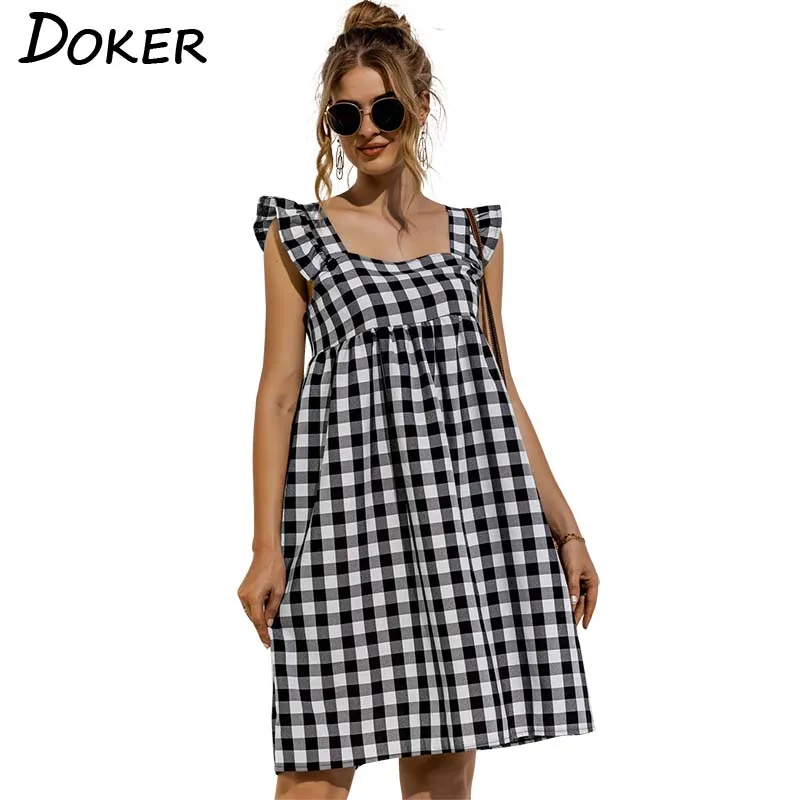 

Square Collar Ruffle Loose Sleeveless High Waist A-line Pullover Mini Dress Butterfly Sleeve Plaid Casual Ladies Dresses