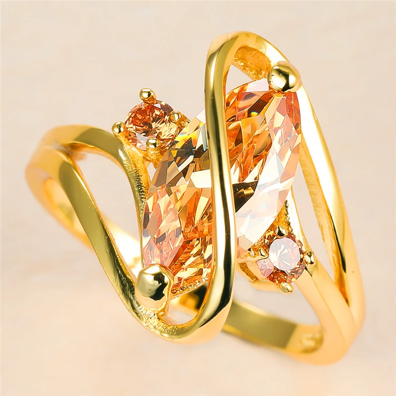 

Luxury Female Champagne Crystal Stone Ring Charm Gold Color Wedding Rings For Women Promise Leaf Zircon Engagement Ring