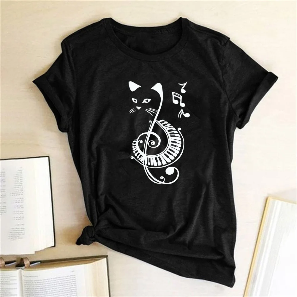 Черный кот печатных музыка Забавный Kawaii футболка для женщин Harajuku с коротким