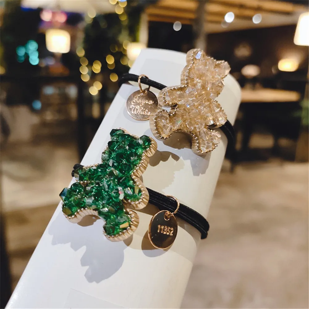

Women Hair Ties Elastic Rubber Bands Girl Crystal Bear Heart Zircon Korean Head Accessories Handmade Horsetail Wholesale