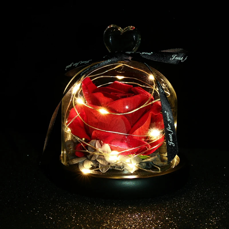 Rose In Glass Dome With Lights Valentines Day Gift Exclusive Eternal Real Rose Night Light Decoration