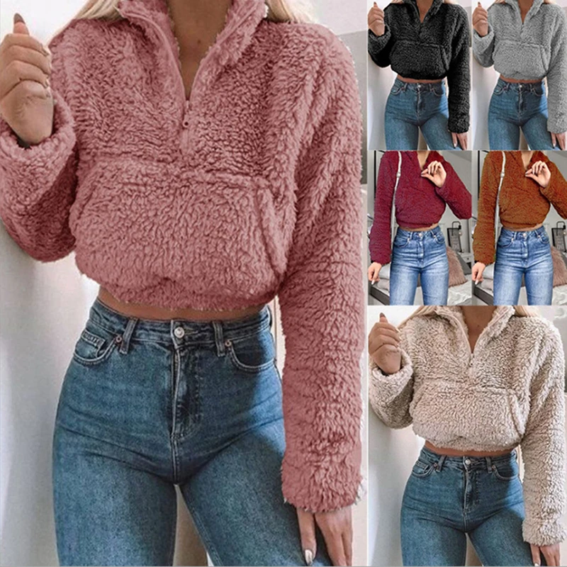 Женский однотонный короткий свитер с капюшоном осенне-зимний пуловер Короткая