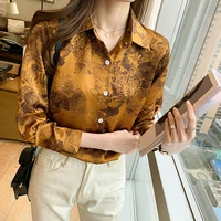 2021 spring new fashion korean ink printing long sleeve womens top trend satin chiffon girl temperament thin shirt polo collar