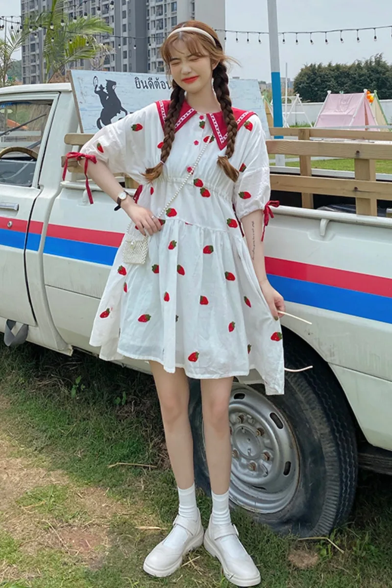 

Japanese Sweet Lolita dress Sailor Collar Strawberry Loose Slimming Lace-up Puff Sleeve Dress Female Summer fairy dress