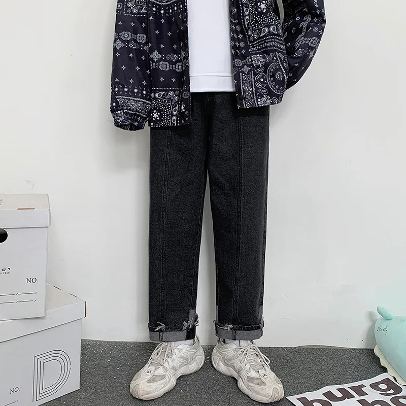 ICCLEK 2021 Autumn New Cuffed Jeans Straight Jeans Men's Wide-leg Pants Loose Retro Trousers  Mens Loose Jeans  Painted Jeans