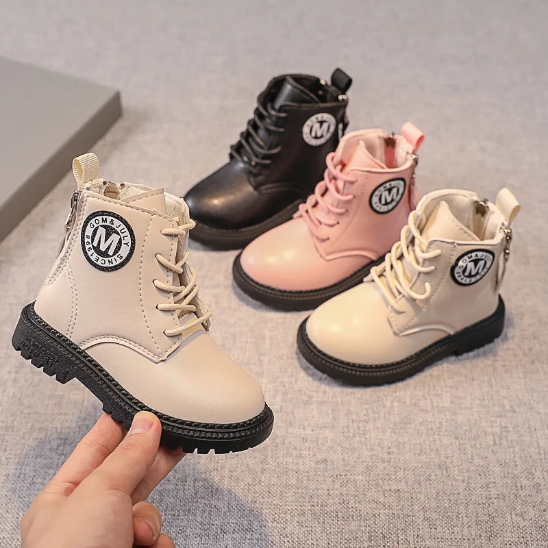 

CNFSNJ autumn winter new children's sports boys girls shoes high to help flat bottom matte casual Martin leather zipper boots
