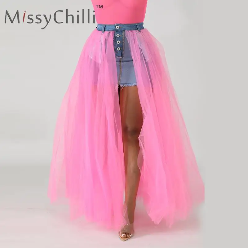 MissyChilli сетчатые Лоскутные юбки джинсовые с разрезом сексуальные летние пуговицы белая юбка с высокой талией женская уличная неоновая джинсовая юбка на пуговицах