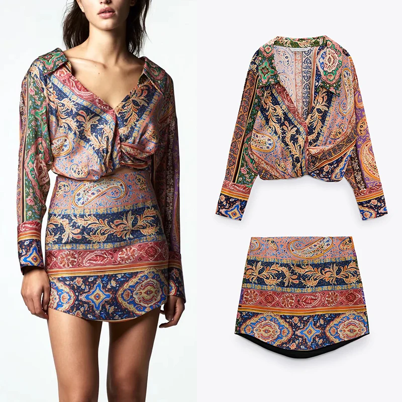 

ZA 2pcs Women Printed Shirt + Skirts Set 2021 New Fashion Long Sleeve Blouses Summer Floral Print Mini Shorts free shipping