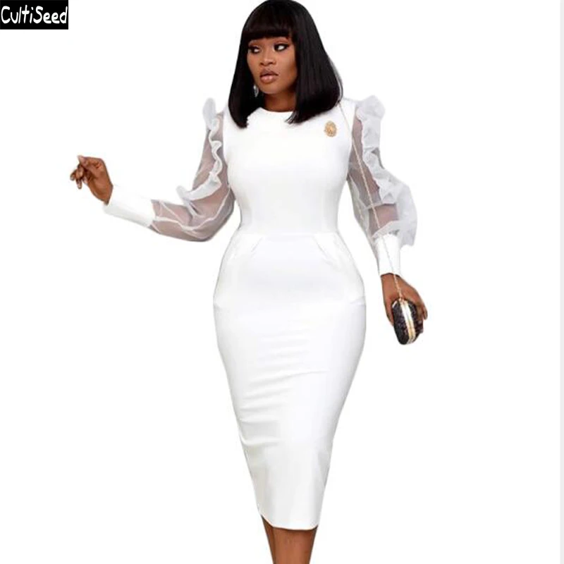 

Европейское женское платье, новинка, модное Сетчатое платье с оборками и длинным рукавом, облегающее вечернее платье-карандаш на бедрах, же...