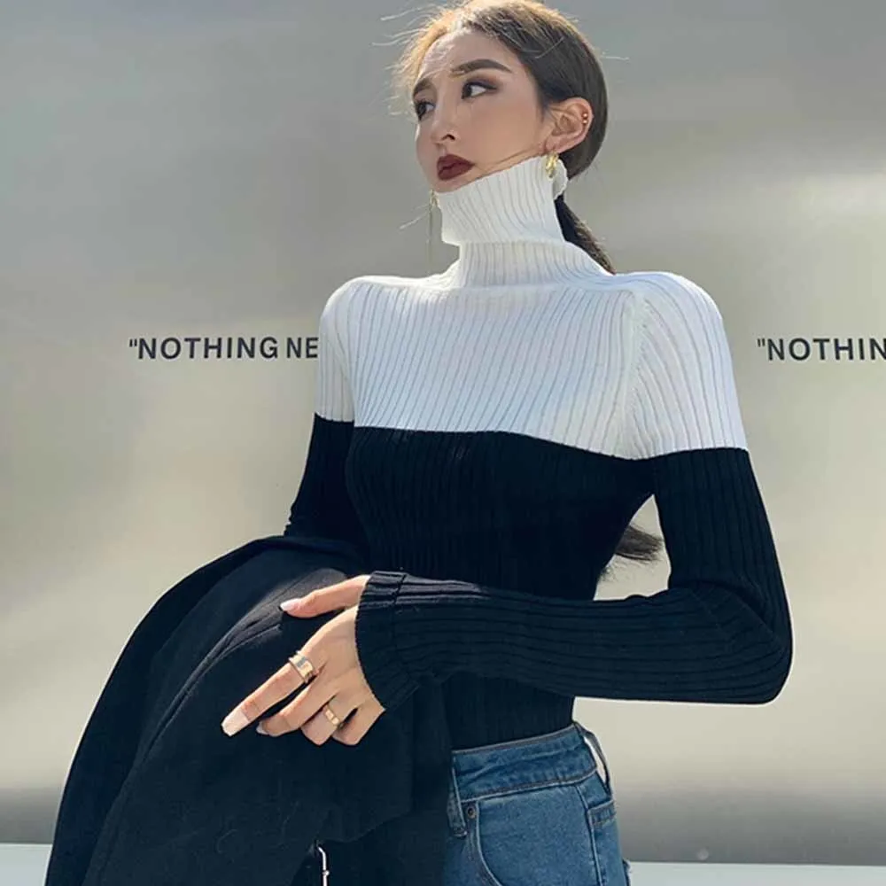 

Women Black Contrast Color Slim Casual Sweater New Turtleneck Long Sleeve Fashion Tide Spring Autumn Knitted Female 2022