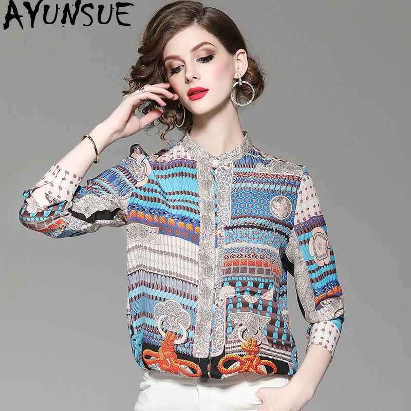 Женская блузка из 100% шелка Aummer рубашка с длинным рукавом и цветочным принтом в