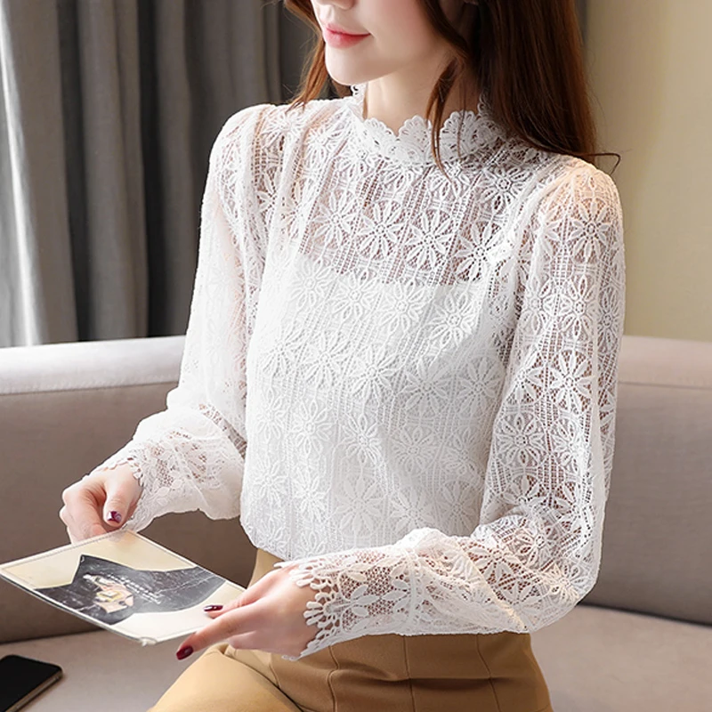 Блузки с длинным рукавом и кружевными цветами весенние топы blusas mujer de moda 2020 новые