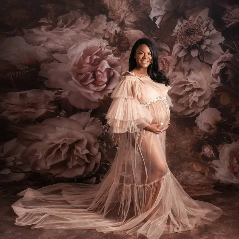 

Элегантное Длинное Тюлевое платье цвета хаки для беременных женщин платье с многоярусными оборками платье для беременных для фотосессии п...