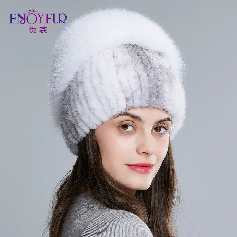Enjoyfur норки Мех Шапки для Для женщин Натуральный мех зимние Стразы высокое
