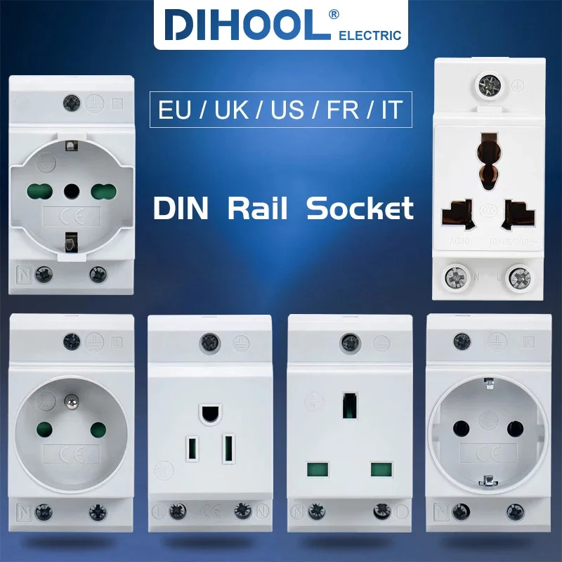 UK US EU FR IT Standard Modular Din Rail Socket 16A 25A 250V Industrial Distribution Box AC30 Power Sockets Adapter Connector