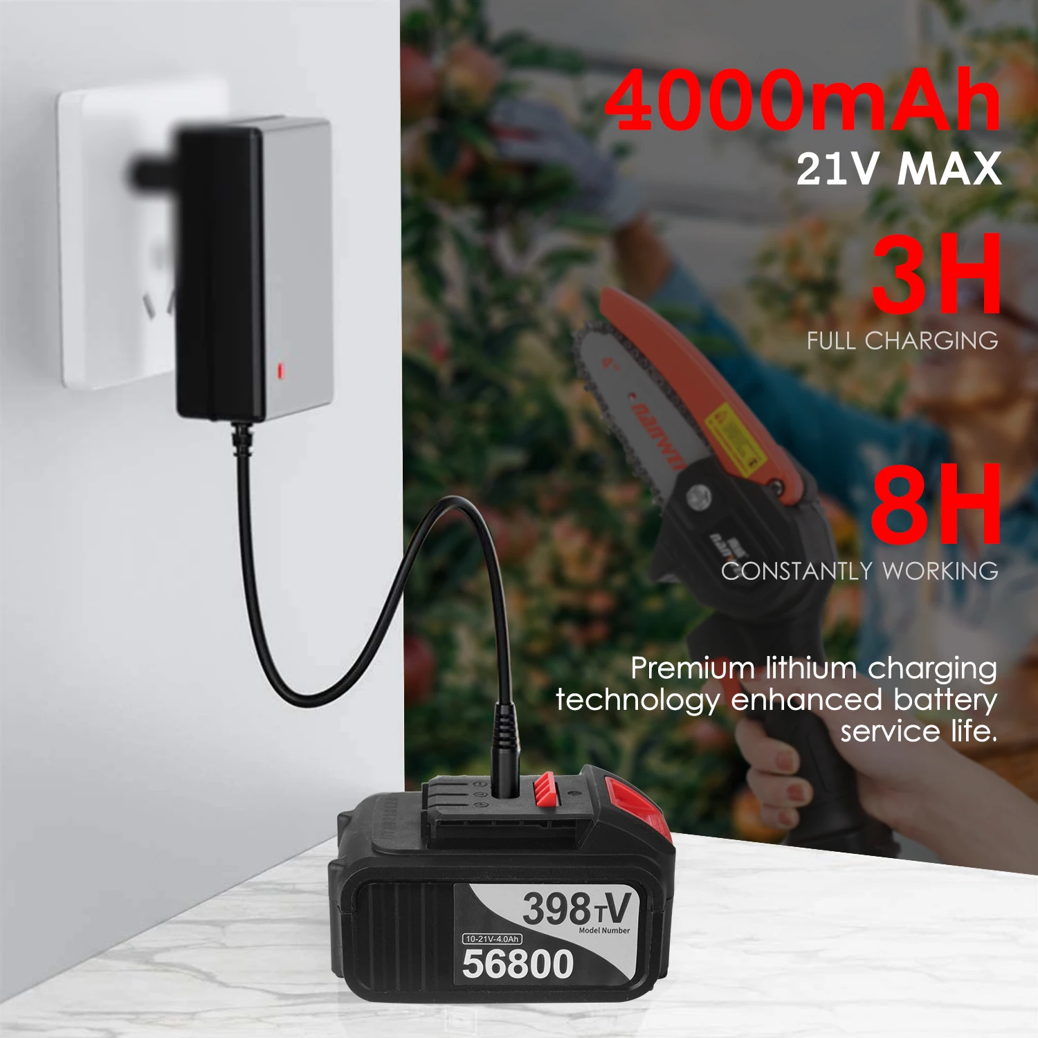 

21V Brushless Cordless Electric Chainsaw Electric Pruning Saw Rechargeable Battery Powered Chain Saw Tree Branch Pruner Cutter