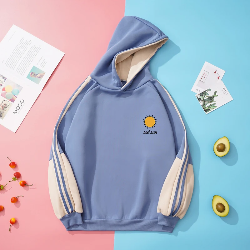 

Man Hoodies Autumn Winter Fleece Harajuku Funny Sun Printed Sweatshirt Men Casual Spell Color Splicing Sudaderas Couples Clothes