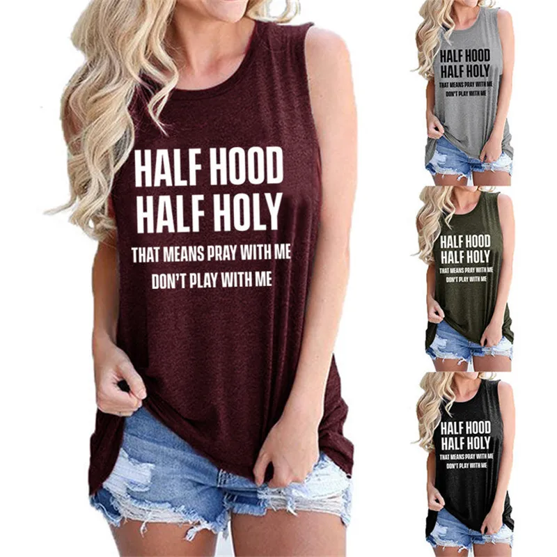 Summer women's casual vest, cotton letters half hood half holy loose sports street top, ladies bottoming shirt