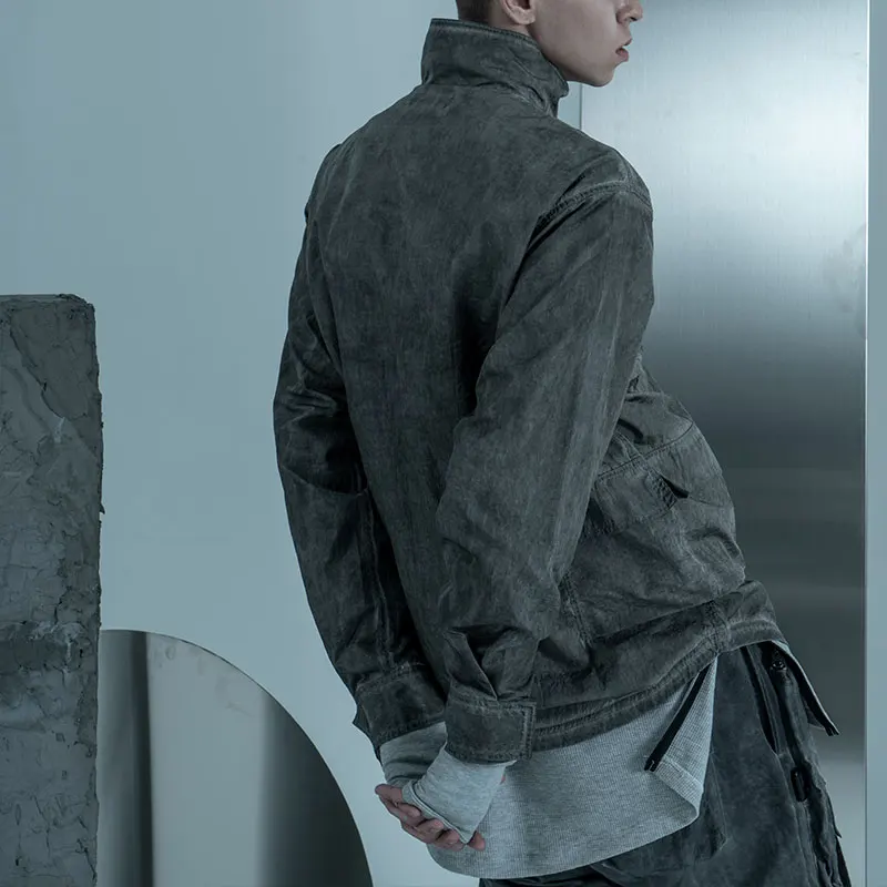 PUPIL TRAVEL Men's Washed Vertical Collar Zip Up Shirt 20FW Techwear Hip Hop Punk Jacket Waste Soil Style Streetwear