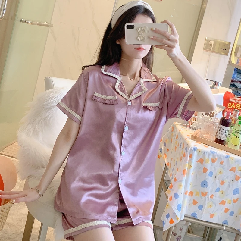 CAIYIER Summer Blue Pajamas Women Silk Short Sleeve Sleepwear Suit Lace Lace Small Fragrant Wind Girl Nightwear Home Wear Shorts