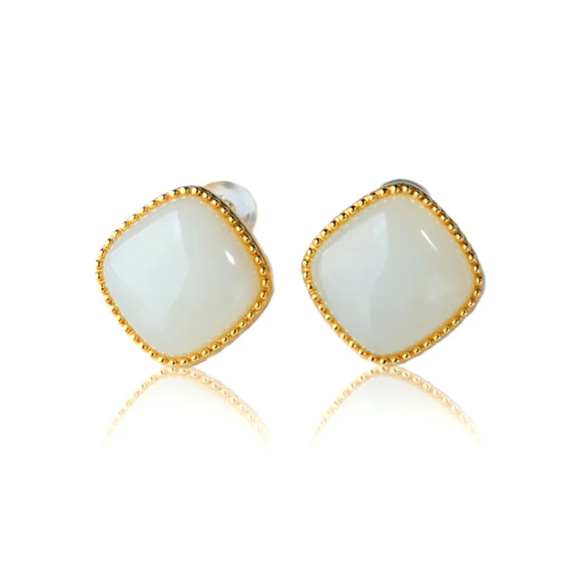 

2020 Time-limited Promotion Women Pure Square Jade Earrings Female Belt Certificate Thick Plating Antique Inlay Hetian