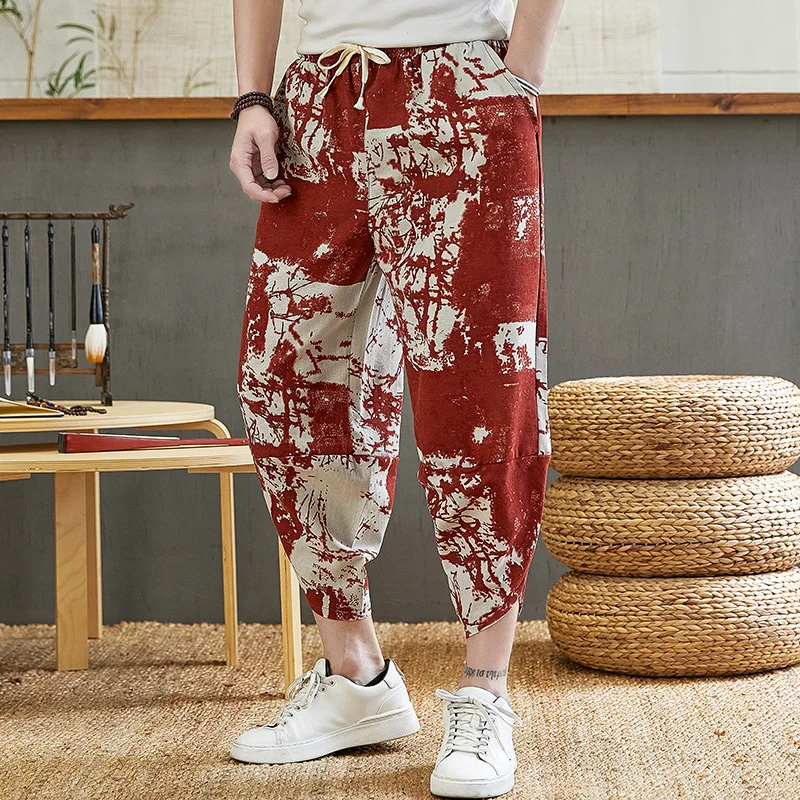 Dropshipping Summer Wide-Leg Pants Male Loose Fat Shorts Harem Chinese Style Cotton And Linen Ankle-Length Pants Beach Trousers