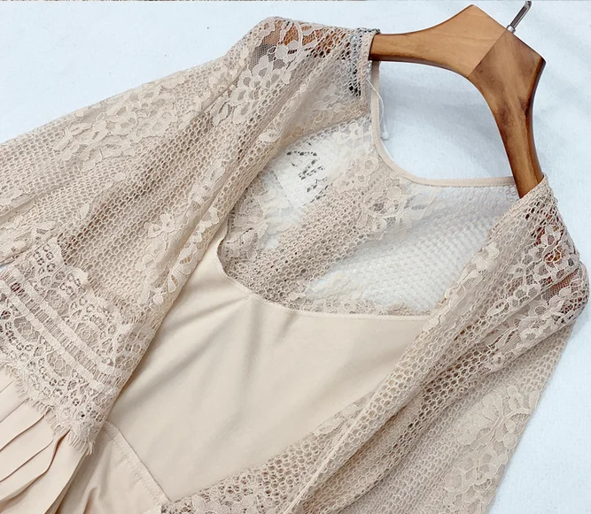 Женское плиссированное платье феи с круглым вырезом и кружевом в стиле пэчворк