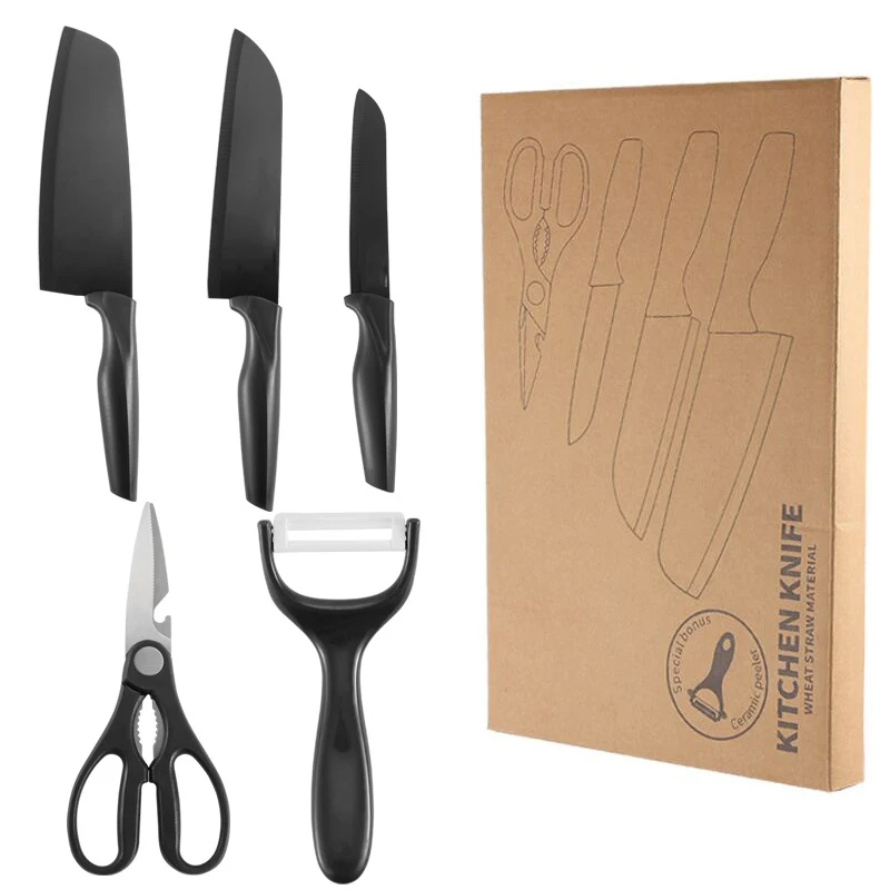 

Dropship 5-piece Kitchen knife Set 420J2 Stainless Steel Slicing Knife Multi Kitchen Scissors Fruit Knife Gift A Paring Knife